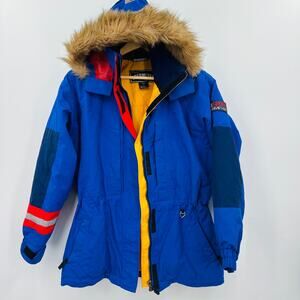 Obermeyer Vintage Ski Jacket Coat Hooded Womens Size 6 Small Cobalt Blue Red